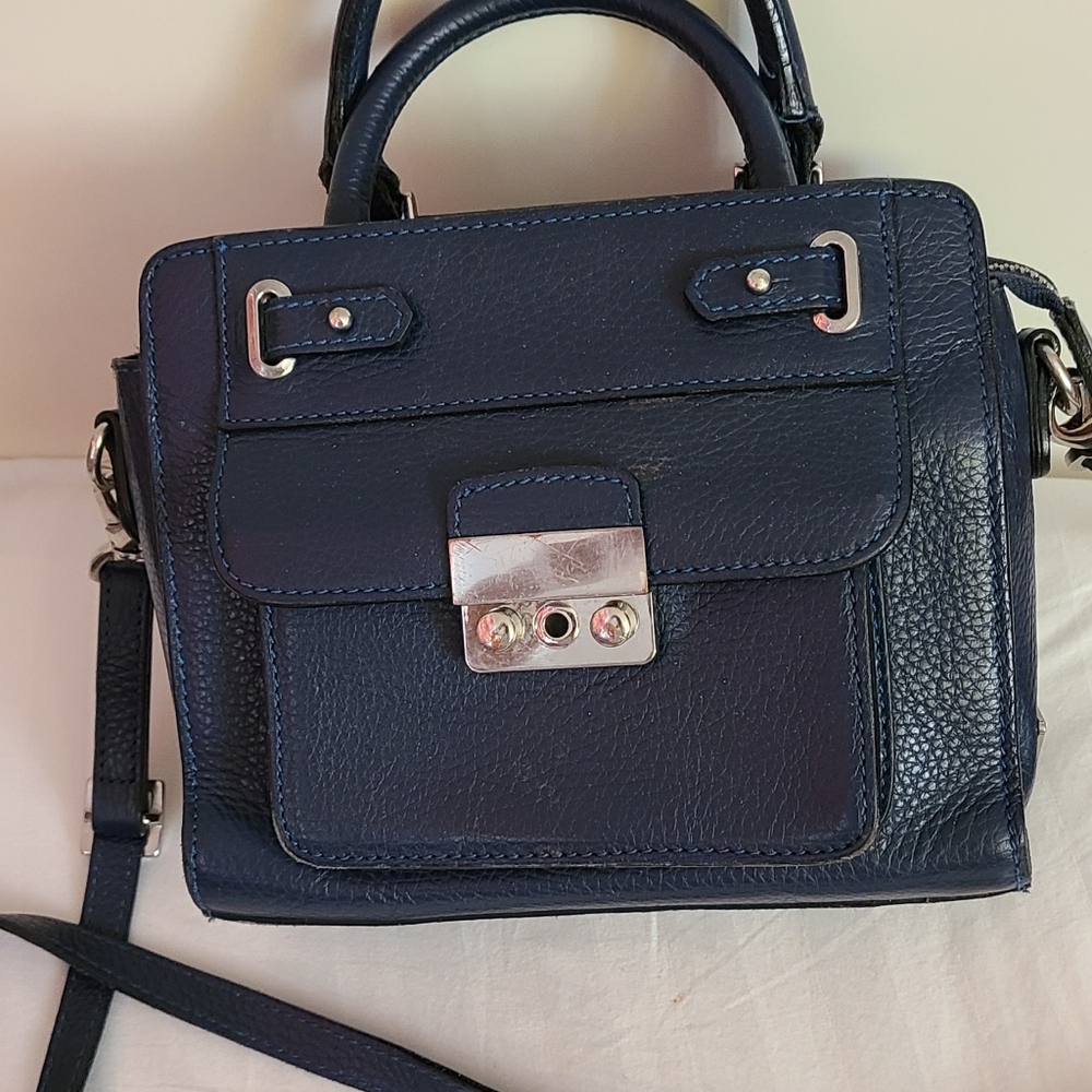 Structured Navy Leather Satchel with Silver Hardware